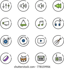 line vector icon set - settings vector, volume max, medium, fast backward, loudspeaker, bell, music, wireless headphones, speaker, cd, playback, guitar, tambourine, drum, toy piano, radio