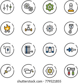 line vector icon set - settings vector, gears, gear, pawn, fire, gyroscope, piston, power bank, sun panel, battery, connect, oiler, shovel fork toy