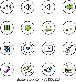 line vector icon set - settings vector, volume medium, low, fast backward, pause, record, bell, music, wireless speaker, cd, playback, guitar, tambourine, xylophone, horn toy, radio