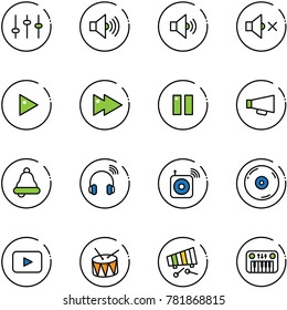 line vector icon set - settings vector, volume max, medium, off, play, fast forward, pause, loudspeaker, bell, wireless headphones, speaker, cd, playback, drum, xylophone, toy piano