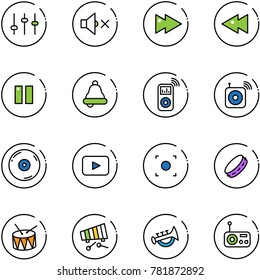 line vector icon set - settings vector, volume off, fast forward, backward, pause, bell, music player, wireless speaker, cd, playback, record button, tambourine, drum, xylophone, horn toy, radio