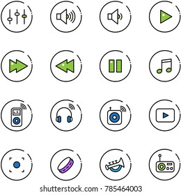 line vector icon set - settings vector, volume max, low, play, fast forward, backward, pause, music, player, wireless headphones, speaker, playback, record button, tambourine, horn toy, radio