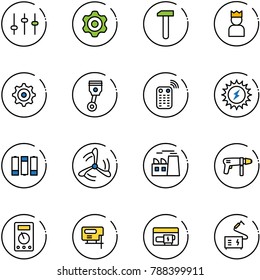 line vector icon set - settings vector, gear, work, king, piston, remote control, sun power, battery, wind mill, plant, drill machine, multimeter, jig saw, generator, welding
