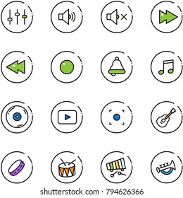 line vector icon set - settings vector, volume medium, off, fast forward, backward, record, bell, music, cd, playback, button, guitar, tambourine, drum, xylophone, horn toy