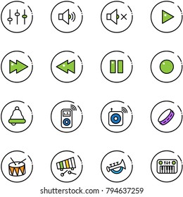 line vector icon set - settings vector, volume medium, off, play, fast forward, backward, pause, record, bell, music player, wireless speaker, tambourine, drum, xylophone, horn toy, piano