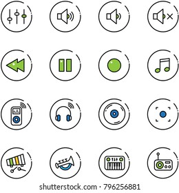 line vector icon set - settings vector, volume medium, low, off, fast backward, pause, record, music, player, wireless headphones, cd, button, xylophone, horn toy, piano, radio