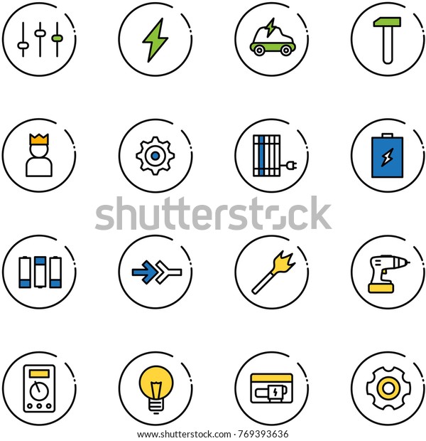 line vector icon set - settings vector,\
lightning, electric car, work, king, gear, sun panel, battery,\
connect, wood drill, multimeter, bulb,\
generator