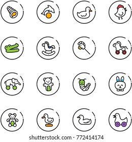 line vector icon set - shell vector, dolphin, duck toy, chicken, crocodile, rocking horse, stick, wheel, elephant, bear, caterpillar, rabbit