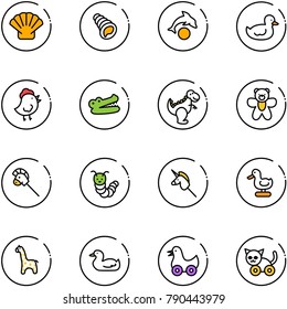 line vector icon set - shell vector, dolphin, duck toy, chicken, crocodile, dinosaur, bear, horse stick, caterpillar, unicorn, giraffe, cat