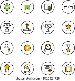 line vector icon set - shield check vector, flag, certificate, pedestal, cup, winner, gold, award, star medal, pennant
