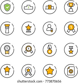 line vector icon set - shield check vector, pedestal, win cup, award, winner, gold medal, star, certificate