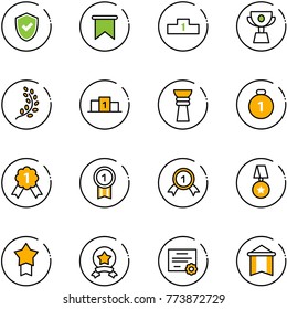 line vector icon set - shield check vector, flag, pedestal, cup, golden branch, award, gold medal, star, certificate, pennant