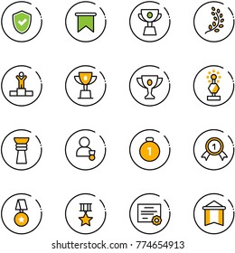 line vector icon set - shield check vector, flag, cup, golden branch, winner, win, gold, award, medal, star, certificate, pennant