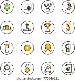 line vector icon set - shield check vector, certificate, cup, golden branch, pedestal, winner, win, award, star medal, gold