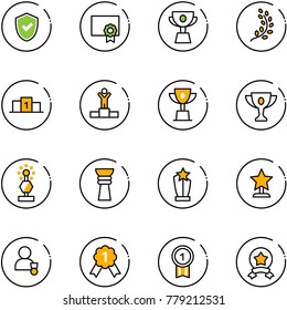 line vector icon set - shield check vector, certificate, cup, golden branch, pedestal, winner, win, gold, award, medal, star