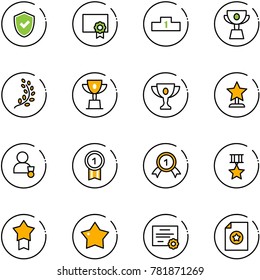 line vector icon set - shield check vector, certificate, pedestal, cup, golden branch, win, gold, award, winner, medal, star