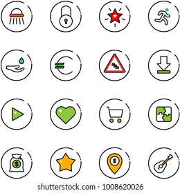 line vector icon set - shower vector, lock, christmas star, run, drop hand, euro, multi lane traffic road sign, download, play, heart, cart, puzzle, money bag, medal, atm map pin, guitar