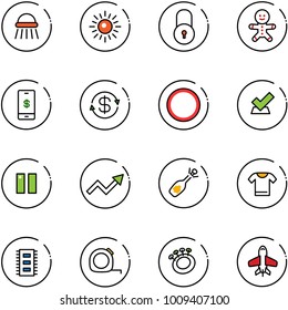 line vector icon set - shower vector, sun, lock, cake man, mobile payment, dollar exchange, prohibition road sign, check, pause, growth arrow, fizz opening, t shirt, chip, measuring tape, beanbag