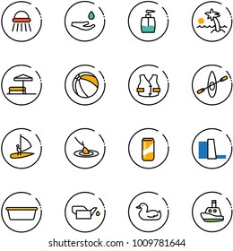 line vector icon set - shower vector, drop hand, liquid soap, palm, inflatable pool, ball, life vest, kayak, windsurfing, fishing, drink, water power plant, basin, oiler, toy duck, boat