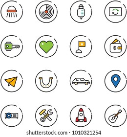 line vector icon set - shower vector, radar, drop counter, card exchange, key, heart, flag, finance management, paper fly, luck, limousine, navigation pin, projector, wrench hammer, rocket, guitar