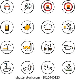 line vector icon set - shower vector, bacteria, no dangerous cargo road sign, drink, sea turtle, rain cloud, palm, inflatable pool, diving, life vest, oiler, sailboat toy, duck, boat