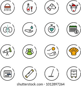 line vector icon set - shower vector, wine, dog, christmas deer hat, kidneys, drop hand, stopwatch heart, calendar, telescope, group, waves, shell, terms plan, level, rake, tool cabinet