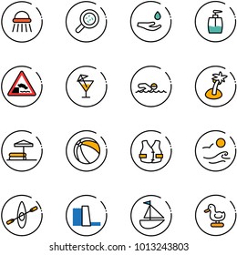 line vector icon set - shower vector, bacteria, drop hand, liquid soap, embankment road sign, drink, swimming, palm, inflatable pool, ball, life vest, waves, kayak, water power plant, sailboat toy