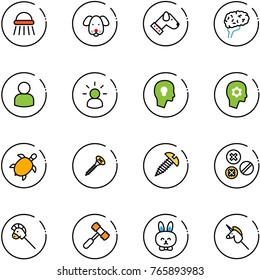 line vector icon set - shower vector, dog, brain, user, idea, head bulb, work, sea turtle, screw, rivet, horse stick toy, hammer, rabbit, unicorn