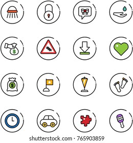 line vector icon set - shower vector, lock, bow message, drop hand, encashment, multi lane traffic road sign, download, heart, money bag, flag, pennant, feet, clock, car, puzzle, beanbag
