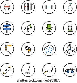 line vector icon set - shower vector, ski, barbell, pear, road signpost sign, telescope, office chair, chess tower, lighthouse, shell, snow, wind mill, level, rake, sickle, toy car