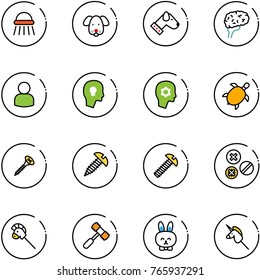 line vector icon set - shower vector, dog, brain, user, head bulb, work, sea turtle, screw, rivet, horse stick toy, hammer, rabbit, unicorn