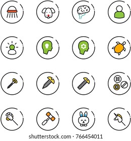 line vector icon set - shower vector, dog, brain, user, idea, head bulb, work, sea turtle, screw, rivet, horse stick toy, hammer, rabbit, unicorn