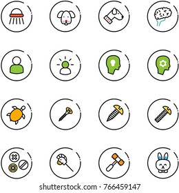 line vector icon set - shower vector, dog, brain, user, idea, head bulb, work, sea turtle, screw, rivet, horse stick toy, hammer, rabbit
