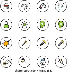 line vector icon set - shower vector, dog, brain, user, idea, head bulb, work, sea turtle, screw, rivet, horse stick toy, rabbit, unicorn