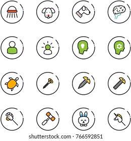 line vector icon set - shower vector, dog, brain, user, idea, head bulb, work, sea turtle, screw, horse stick toy, hammer, rabbit, unicorn