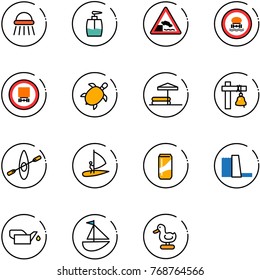 line vector icon set - shower vector, liquid soap, embankment road sign, no dangerous cargo, sea turtle, inflatable pool, ship bell, kayak, windsurfing, drink, water power plant, oiler, sailboat toy