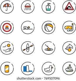 line vector icon set - vector, shower, liquid soap, embankment road sign, no dangerous cargo, swimming, ball, diving, waves, kayak, fishing, dolphin, drink, water power plant, duck toy