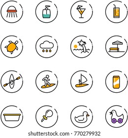 line vector icon set - shower vector, liquid soap, drink, sea turtle, rain cloud, palm, inflatable pool, kayak, surfing, windsurfing, basin, oiler, duck toy
