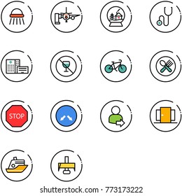 line vector icon set - shower vector, boarding passengers, snowball house, stethoscope, hospital building, no alcohol sign, bike, fork spoon plate, stop road, detour, user login, doors, cruiser