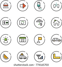 line vector icon set - shower vector, right arrow, drop counter, lungs, credit card, exchange, insurance, home, idea, calendar, flag, limousine, watermelone, car baggage, fine signal, corner ruler