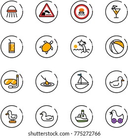line vector icon set - shower vector, embankment road sign, no dangerous cargo, drink, sea turtle, palm, ball, diving, fishing, sailboat toy, duck, boat