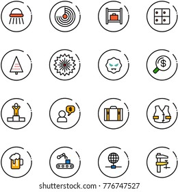 line vector icon set - shower vector, radar, baggage room, christmas tree, firework, virus, money search, winner, dialog, suitcase, life vest, beer, conveyor, globe, clamp