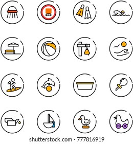 line vector icon set - shower vector, no dangerous cargo road sign, flippers, swimming, inflatable pool, ball, ship bell, waves, surfing, dolphin, basin, oiler, sailboat toy, duck