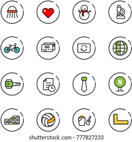 line vector icon set - shower vector, heart, snowman, lab, bike, credit card, exchange, globe, key, history, tie, money tree, brick wall, volleyball, bucket scoop, corner ruler
