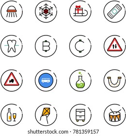 line vector icon set - shower vector, snowflake, sleigh gift, medical patch, tooth, bitcoin, cent, oncoming traffic road sign, tractor way, bus, round flask, luck, wine, kite, tool cabinet, drum