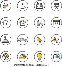 line vector icon set - shower vector, candle, tap pay, home, history, calendar, pyramid flag, limousine, watermelone, flippers, volleyball, cruiser, bulb, camera