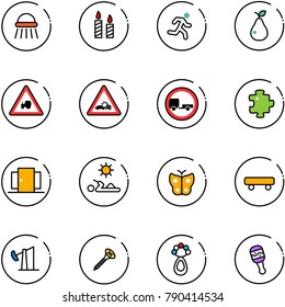 line vector icon set - shower vector, candle, run, pear, tractor way road sign, car crash, no trailer, puzzle, doors, reading, butterfly, skateboard, oil derrick, screw, beanbag