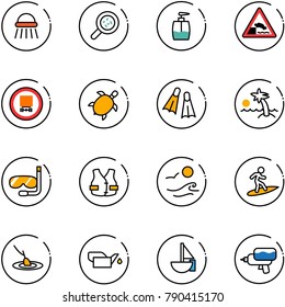 line vector icon set - shower vector, bacteria, liquid soap, embankment road sign, no dangerous cargo, sea turtle, flippers, palm, diving, life vest, waves, surfing, fishing, oiler, sailboat toy