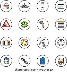 line vector icon set - shower vector, plane, milk, schedule, gravel road sign, gear, world, jalousie, suitcase, lifebuoy, satellite, standby button, chevron, link, battery, drum