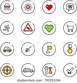 line vector icon set - shower vector, sun, heart, bow message, run, multi lane traffic road sign, cart, car, key, flag, star medal, target, limousine, ship bell, check
